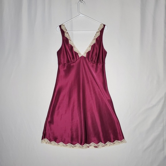 Victoria's Secret Other - Vtg Victorias Secret Burgundy Satin Slip Dress Large V-Neck Lace 00s Y2K